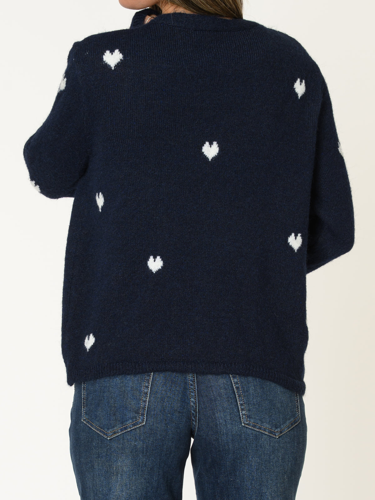 Cardigan marine pour femme à motif de coeurs blancs
