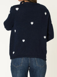 Cardigan marine pour femme à motif de coeurs blancs