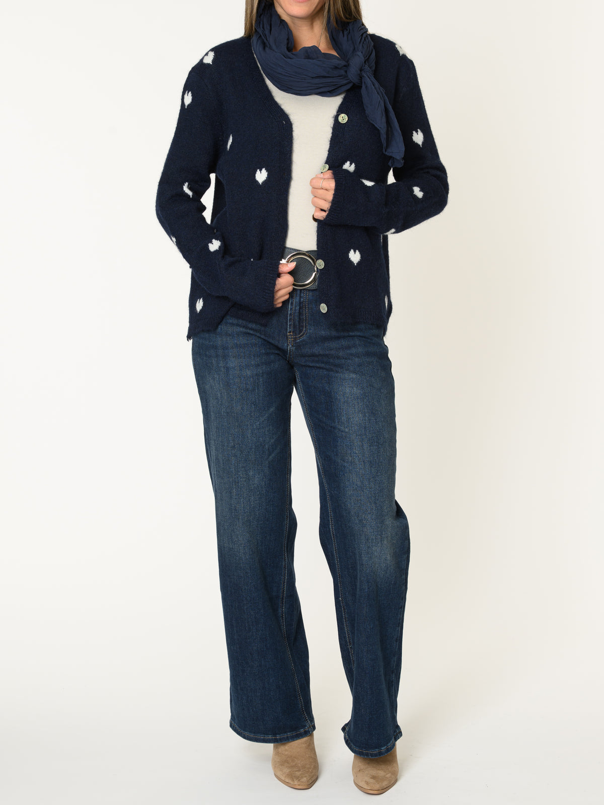 Cardigan marine pour femme à motif de coeurs blancs