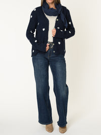 Cardigan marine pour femme à motif de coeurs blancs