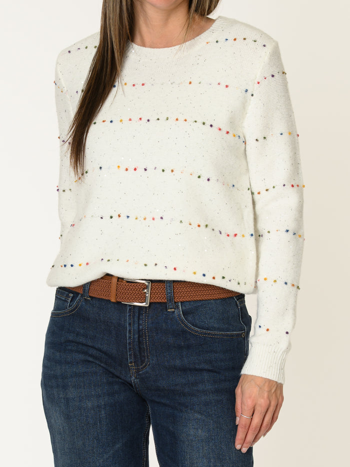 Chandail crème pour femme en tricot à pois multicolores