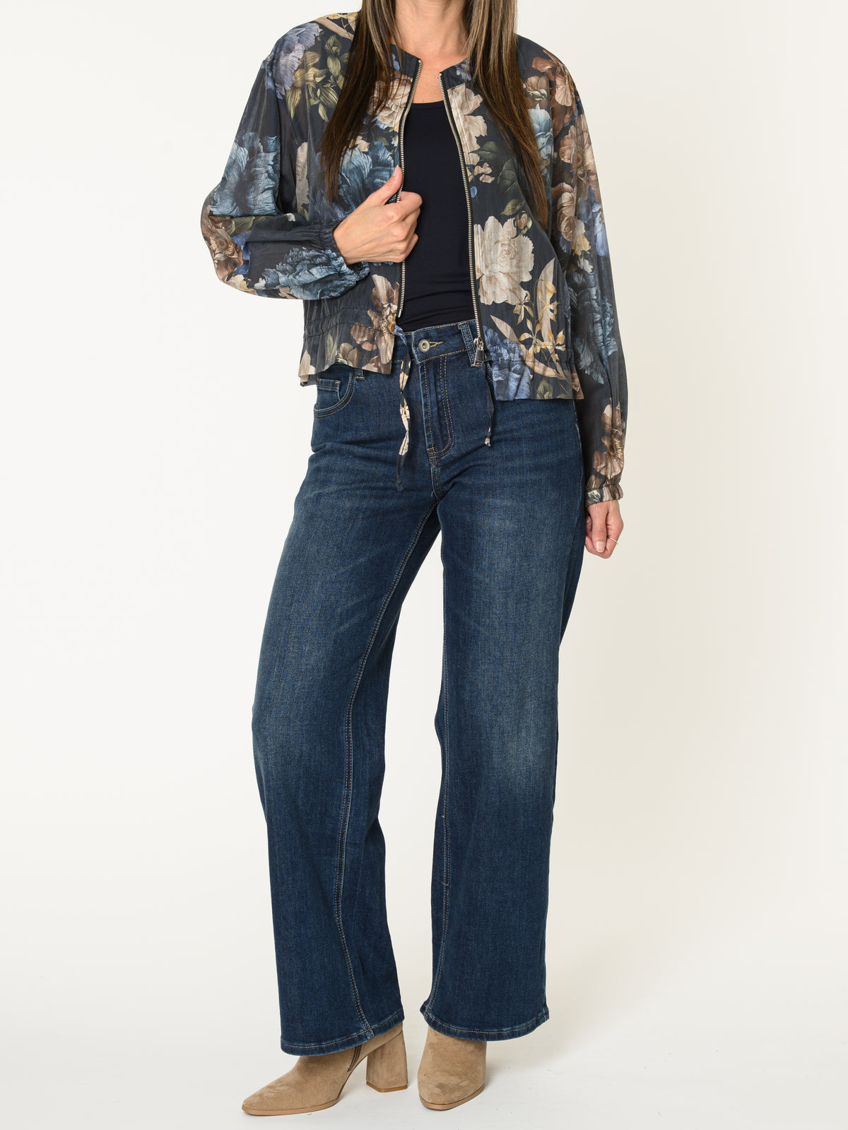 Veste bomber pour femme marine fleurie avec cordon au bas