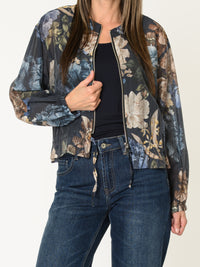 Veste bomber pour femme marine fleurie avec cordon au bas