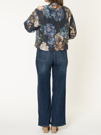 Veste bomber pour femme marine fleurie avec cordon au bas