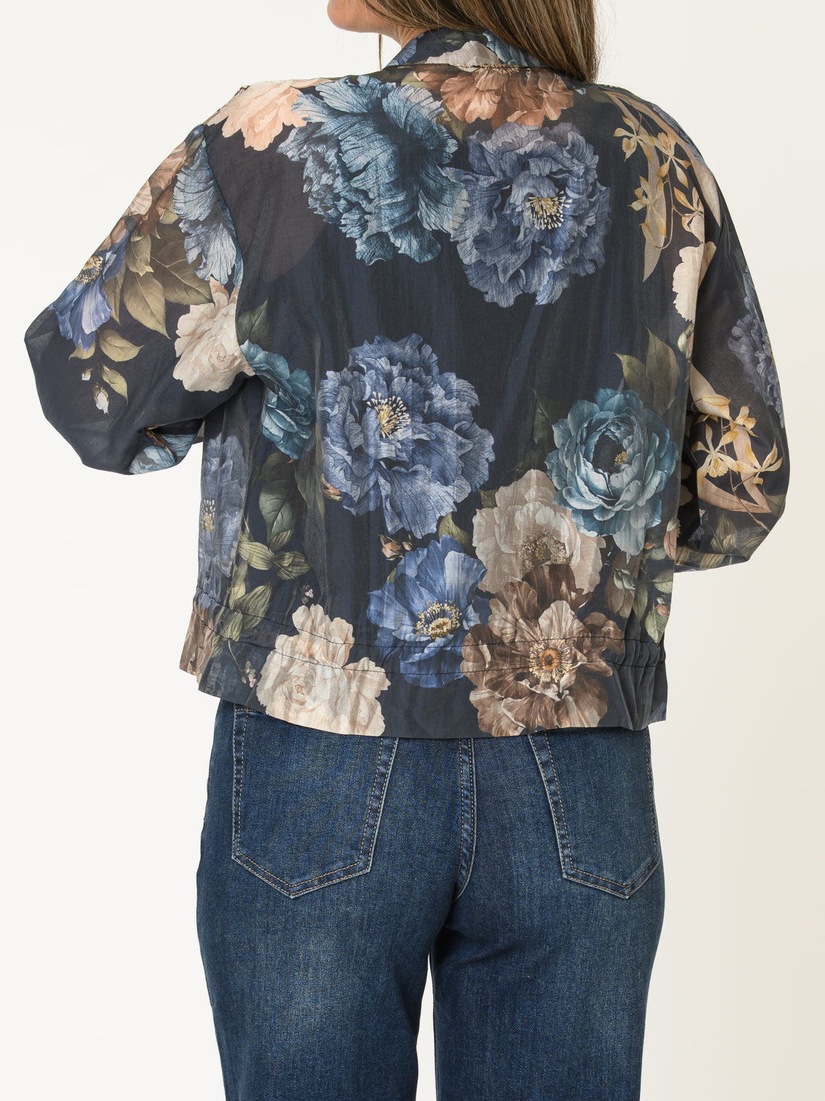 Veste bomber pour femme marine fleurie avec cordon au bas