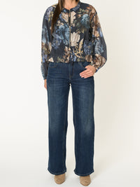 Veste bomber pour femme marine fleurie avec cordon au bas