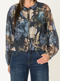 Veste bomber pour femme marine fleurie avec cordon au bas