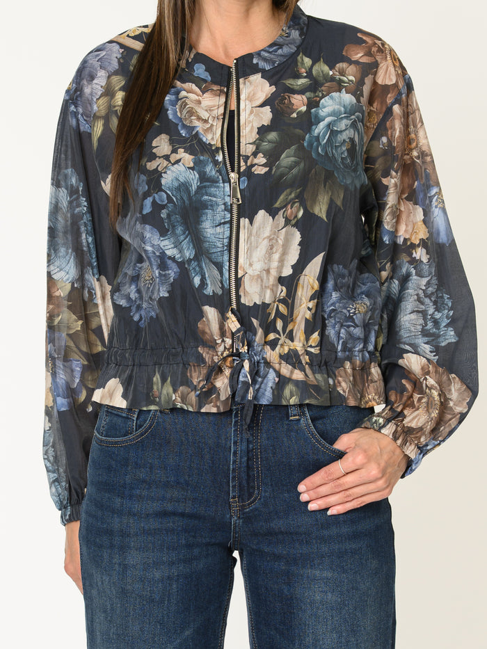 Veste bomber pour femme marine fleurie avec cordon au bas