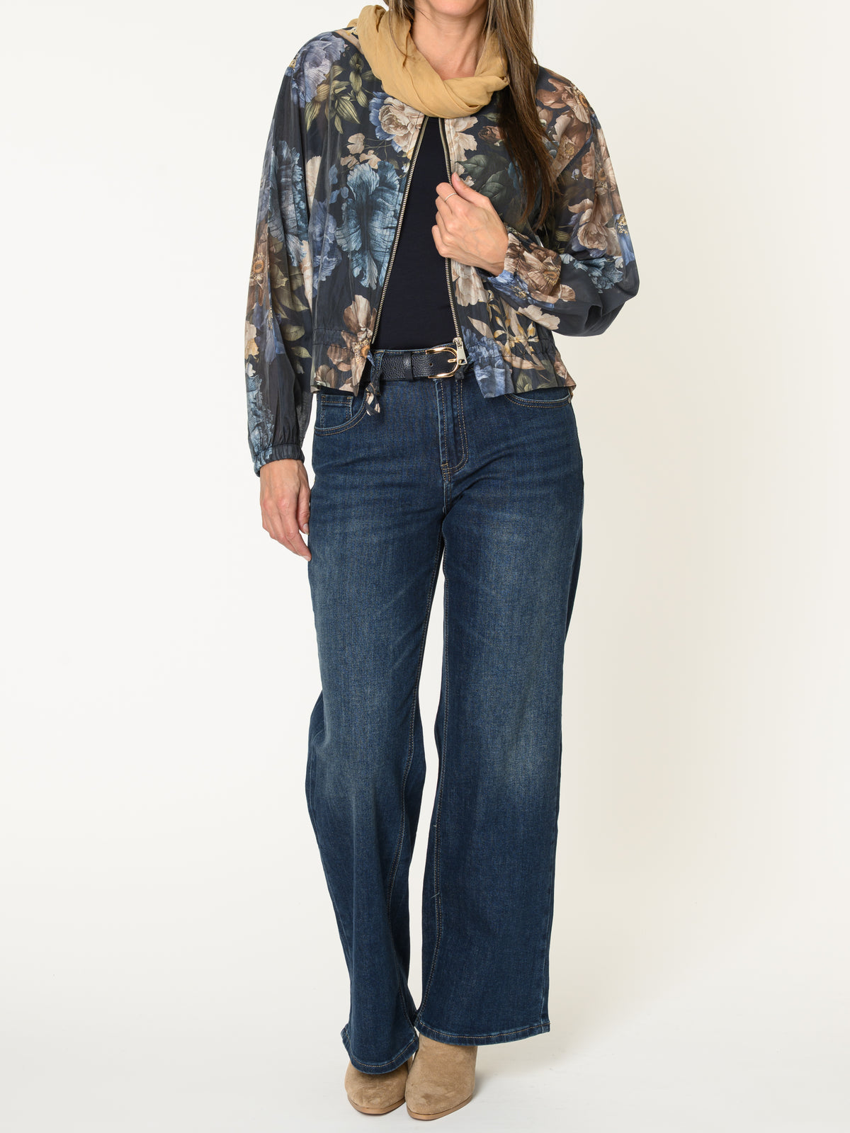 Veste bomber pour femme marine fleurie avec cordon au bas