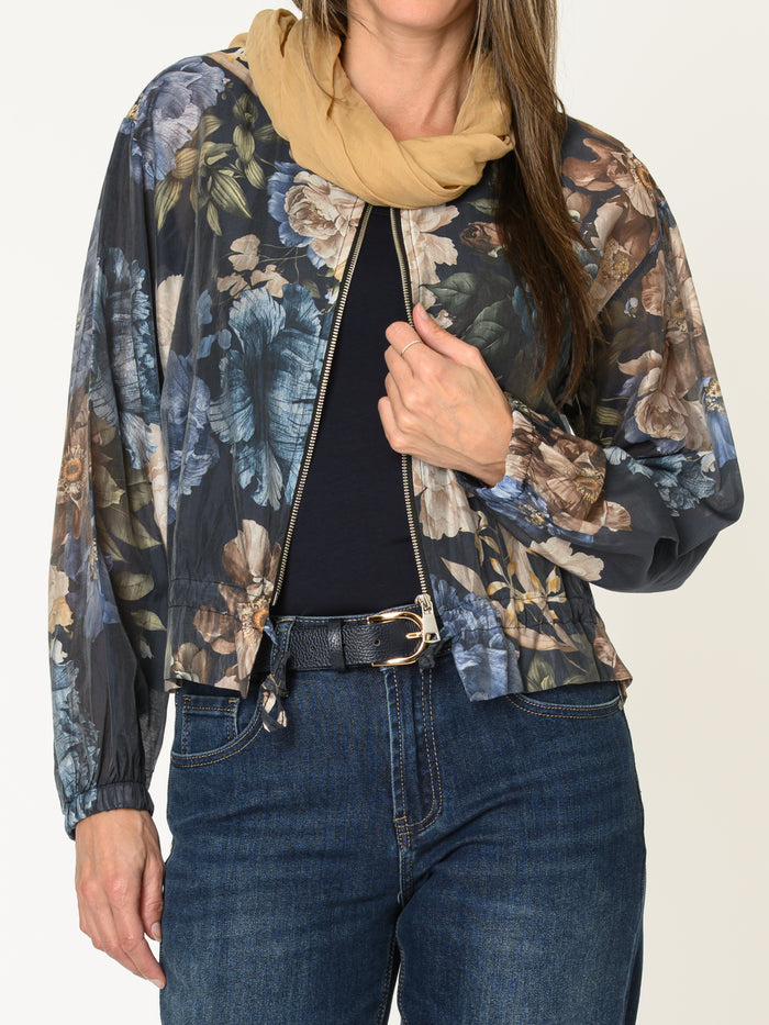 Veste bomber pour femme marine fleurie avec cordon au bas