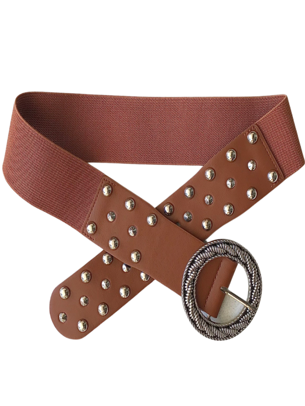 Ceinture cognac élastique en cuir artificiel à rivets argentés
