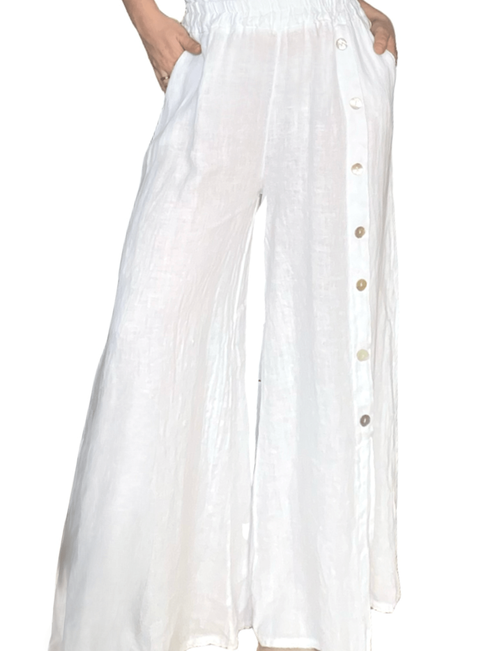 Pantalon palazzo blanc avec boutons sur le côté
