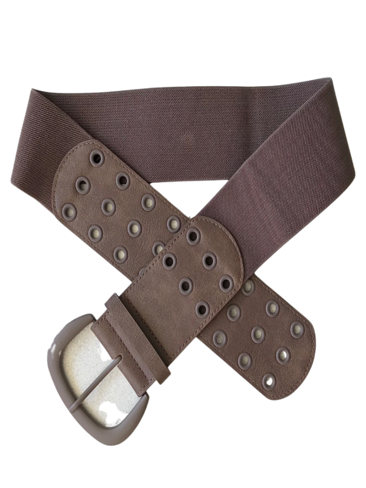 Ceinture brune foncée élastique en cuir artificiel avec des oeillets