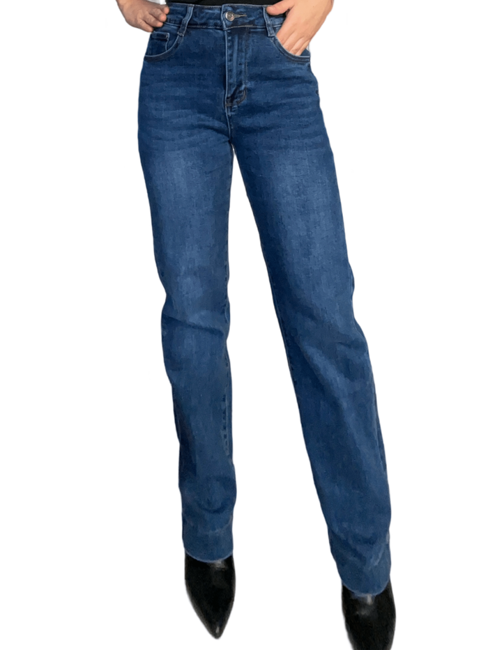 Jeans bleu droit à taille haute