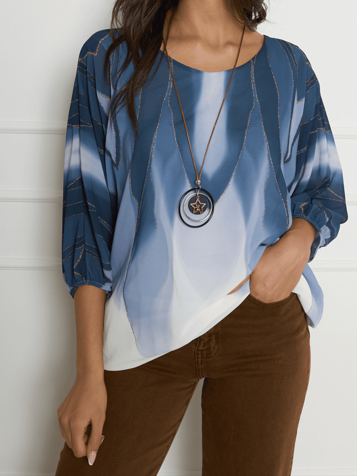 NEW - Blouse en voile avec imprimé bleu et blanc