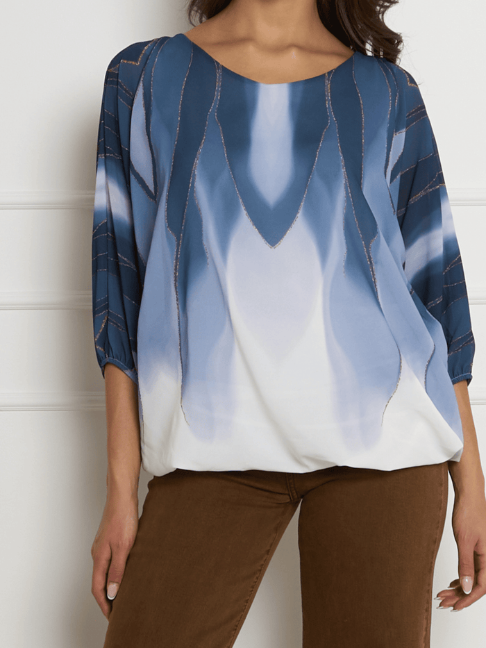 NEW - Blouse en voile avec imprimé bleu et blanc