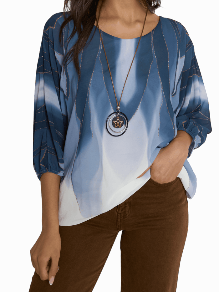 NEW - Blouse en voile avec imprimé bleu et blanc