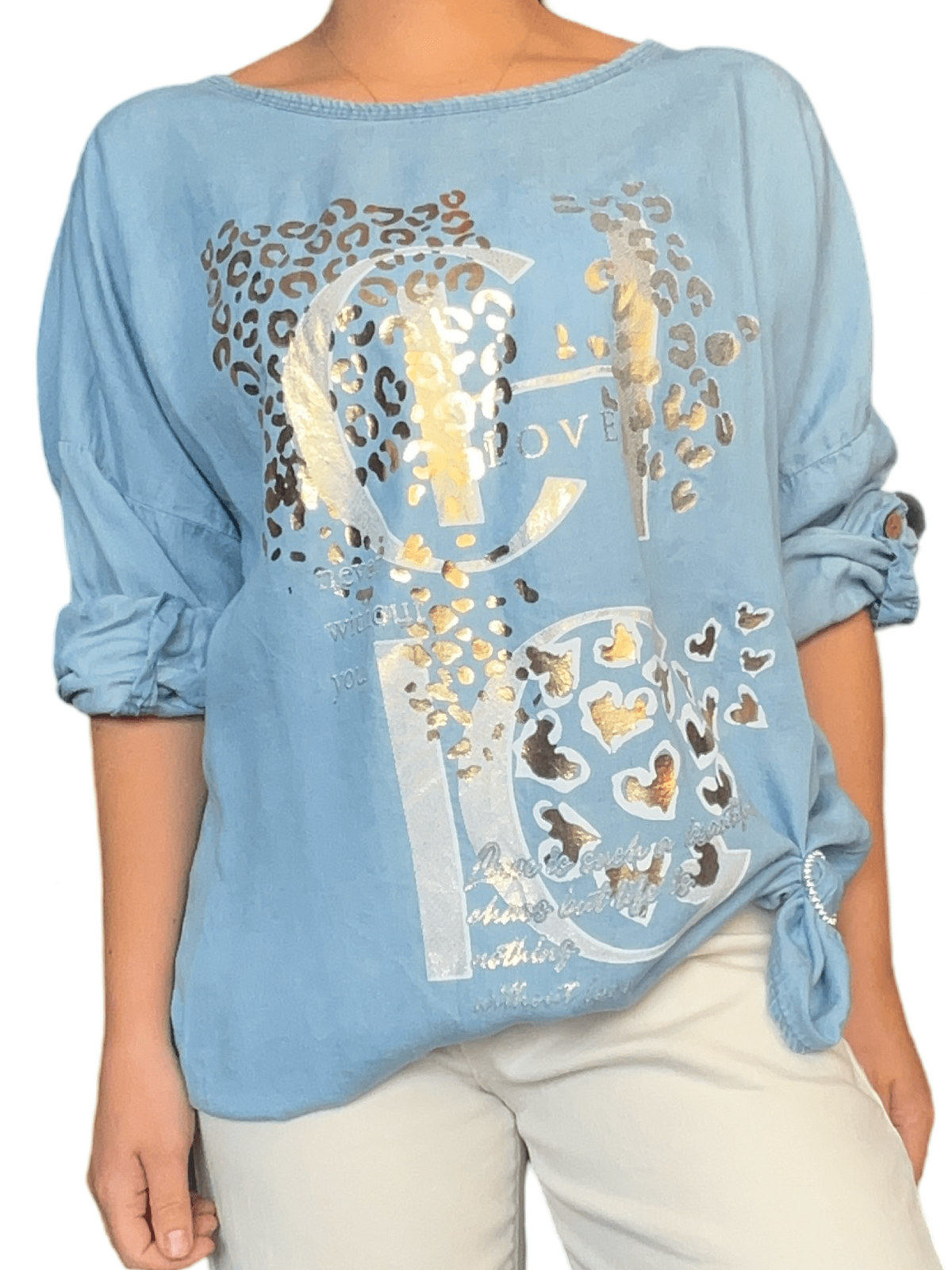 Chandail bleu jean avec imprimé de léopard