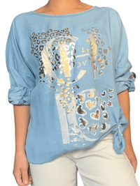 Chandail bleu jean avec imprimé de léopard