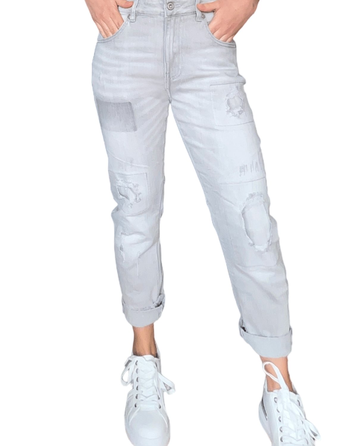 Capri en jeans slim gris pâle à patchwork