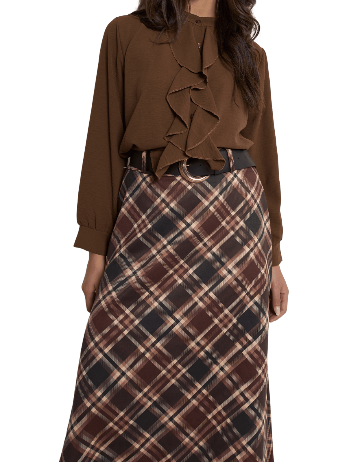 NEW - Blouse marron boutonnée avec volants sur le devant