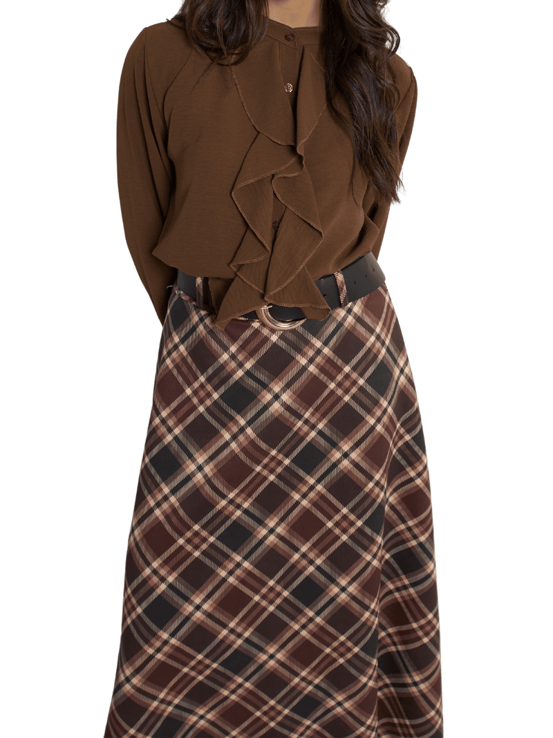 NEW - Blouse marron boutonnée avec volants sur le devant