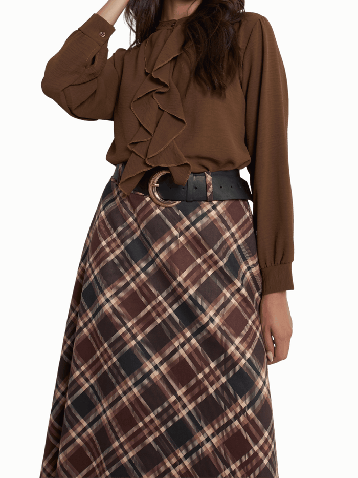 NEW - Blouse marron boutonnée avec volants sur le devant