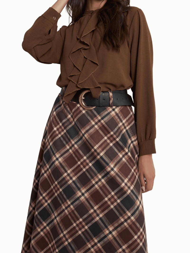 NEW - Blouse marron boutonnée avec volants sur le devant