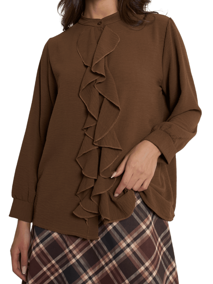 NEW - Blouse marron boutonnée avec volants sur le devant