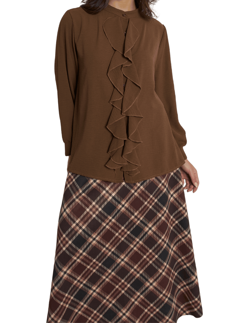 NEW - Blouse marron boutonnée avec volants sur le devant