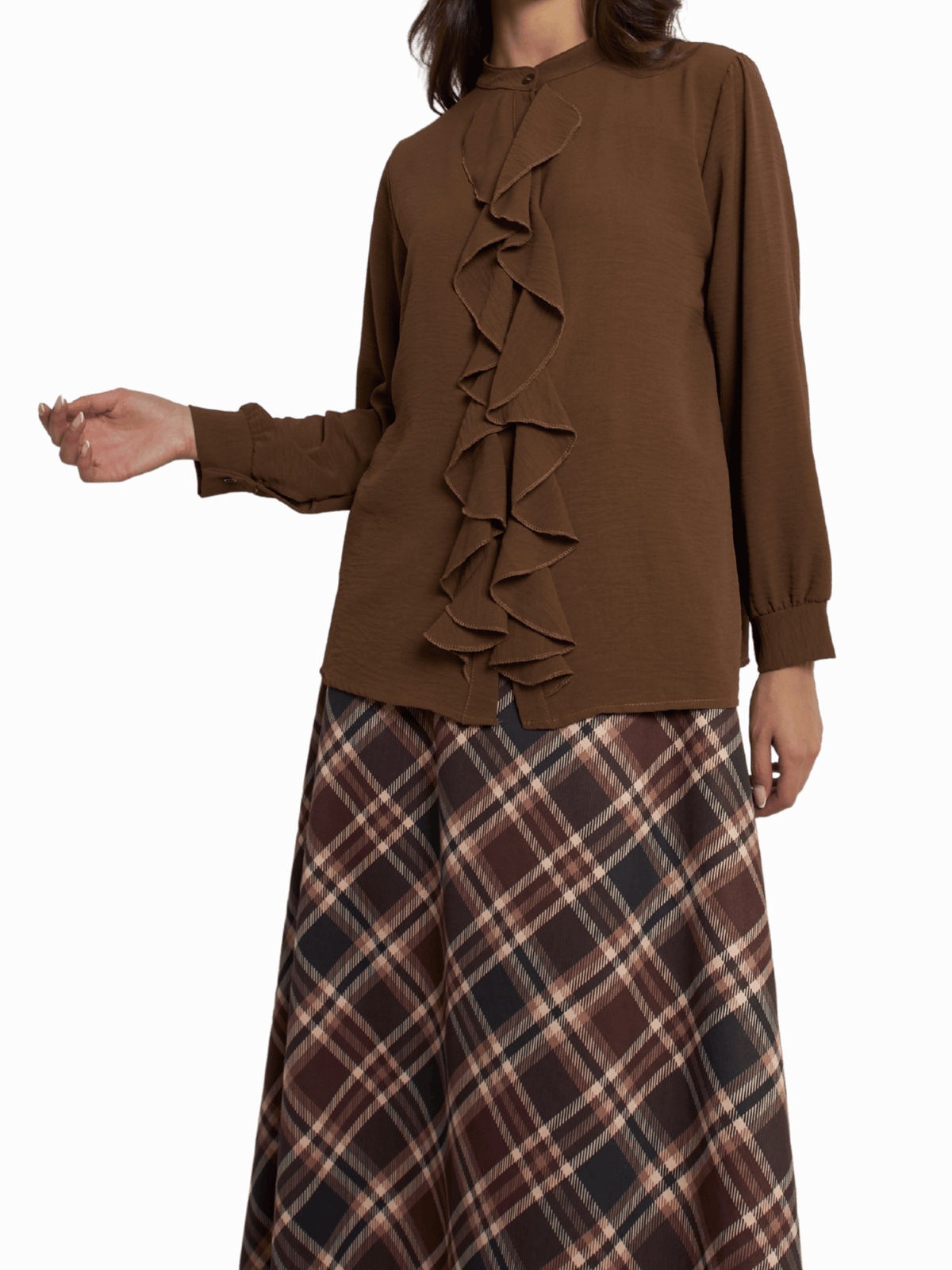 NEW - Blouse marron boutonnée avec volants sur le devant