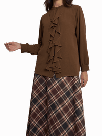 NEW - Blouse marron boutonnée avec volants sur le devant
