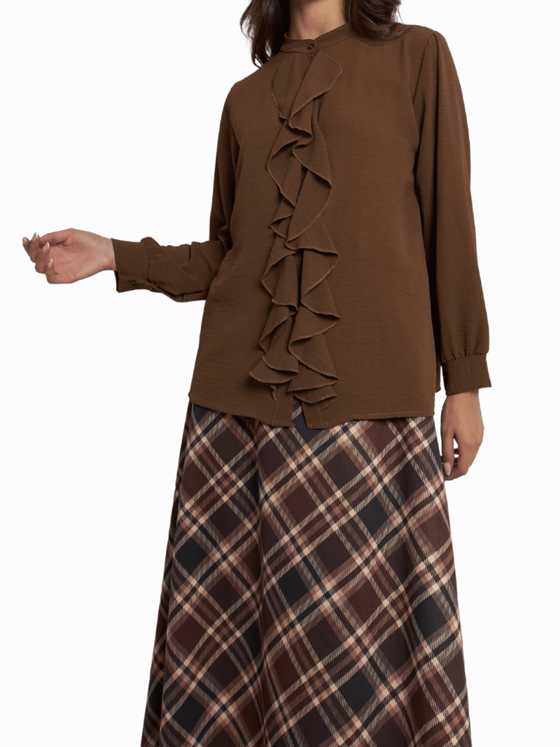 NEW - Blouse marron boutonnée avec volants sur le devant