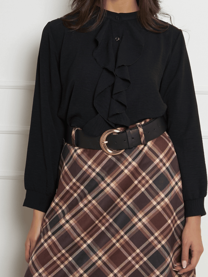 NEW - Blouse noire boutonnée avec volants sur le devant