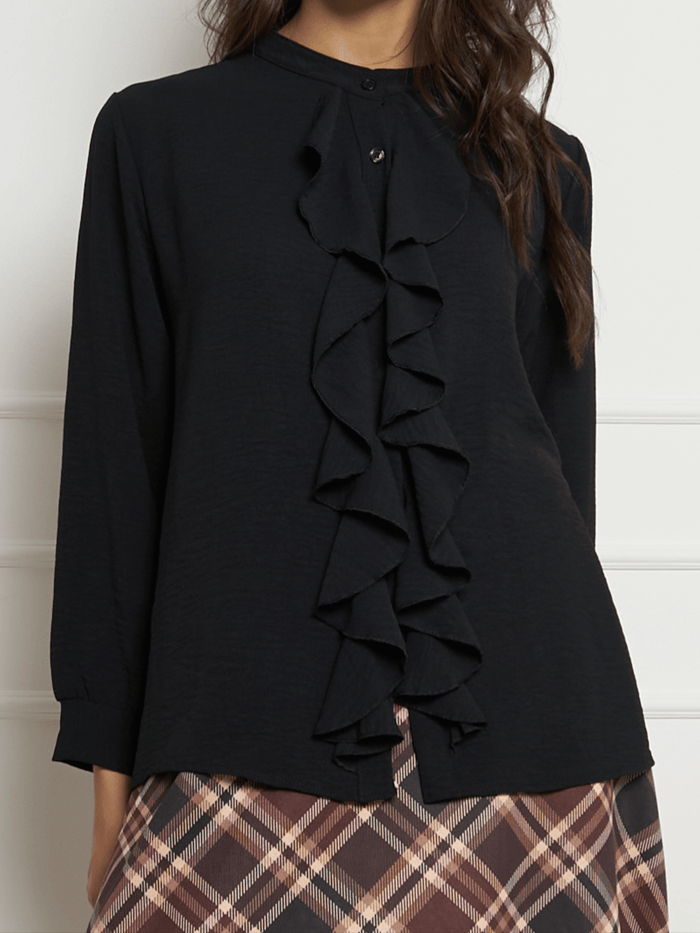 NEW - Blouse noire boutonnée avec volants sur le devant