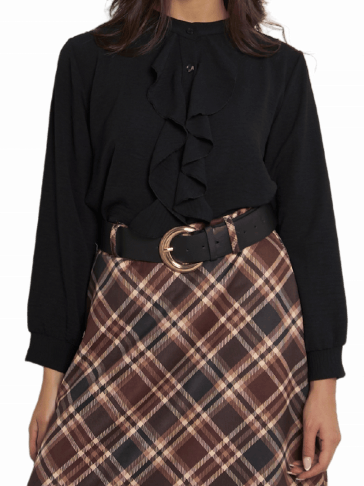 NEW - Blouse noire boutonnée avec volants sur le devant