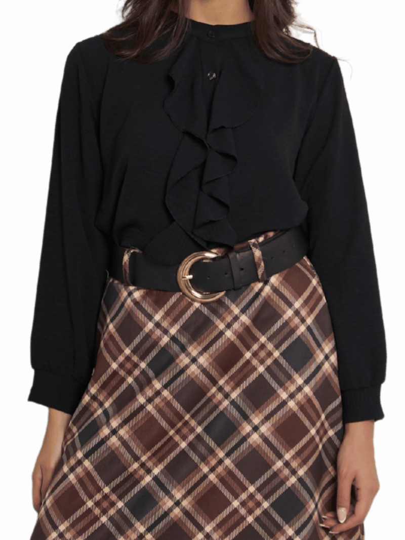 NEW - Blouse noire boutonnée avec volants sur le devant