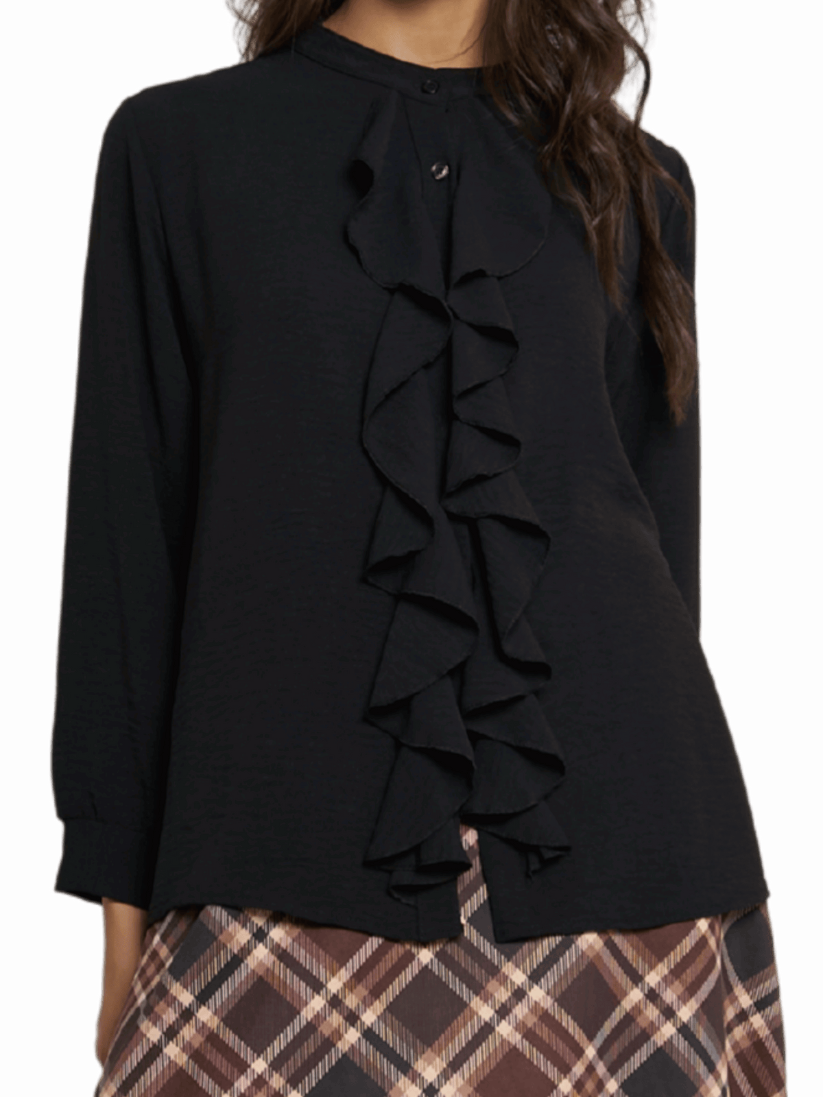 NEW - Blouse noire boutonnée avec volants sur le devant