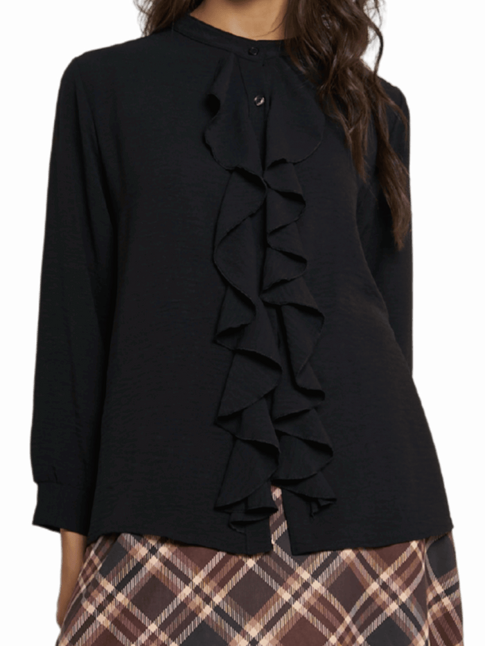 NEW - Blouse noire boutonnée avec volants sur le devant