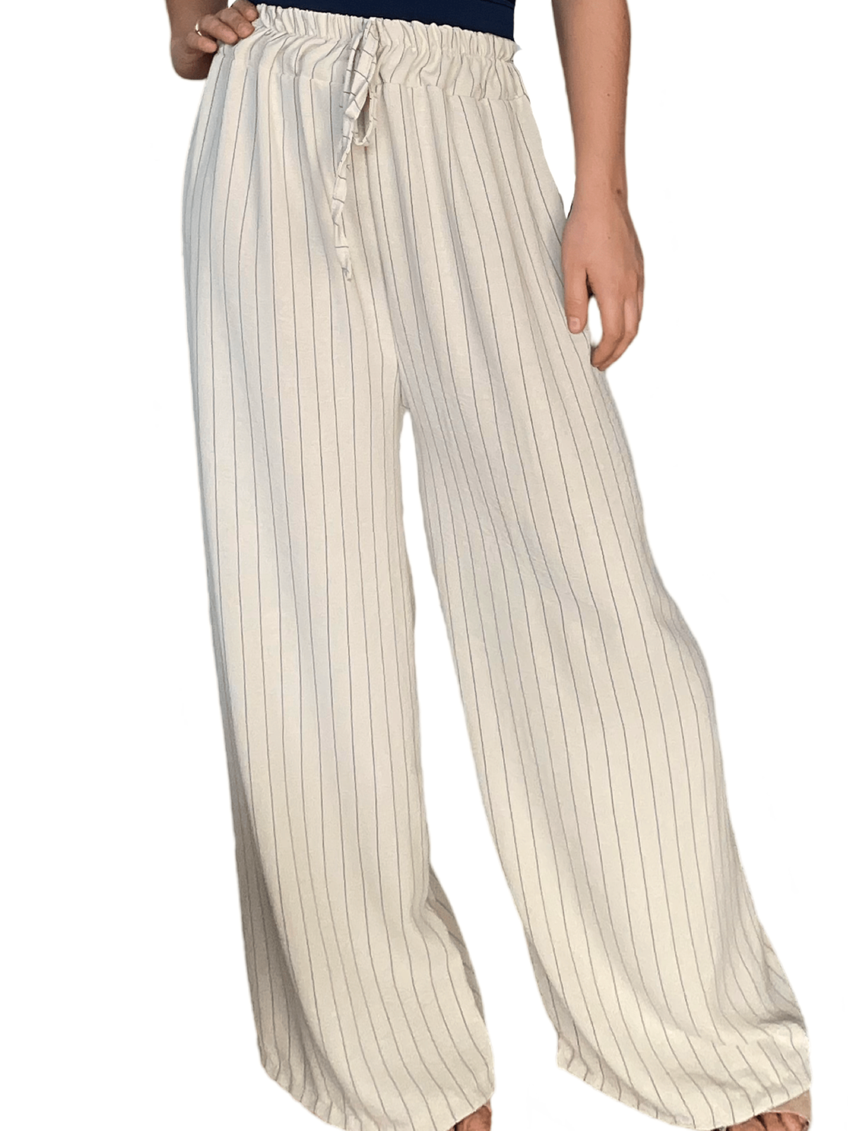 Pantalon palazzo beige rayé noir