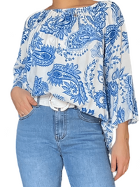 Blouse blanche avec imprimé de Paisley bleu