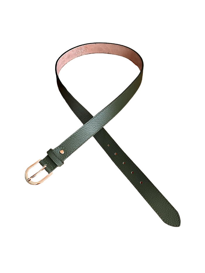 Ceinture en cuir vert kaki avec boucle dorée