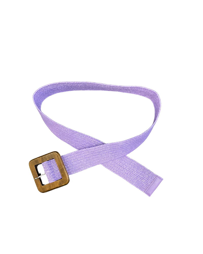 Ceinture lilas élastique en jute avec boucle carrée en bois.