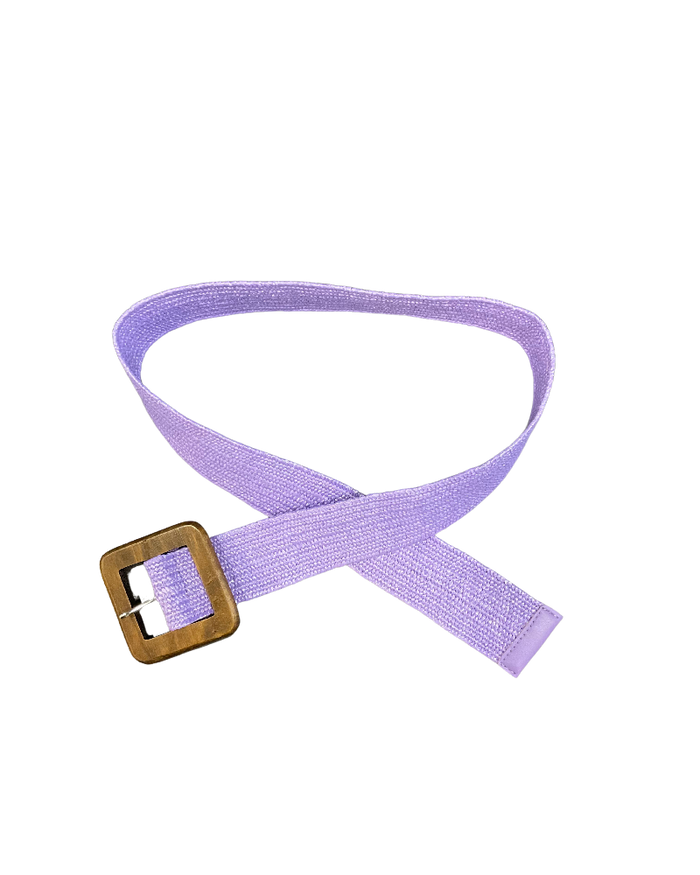 Ceinture lilas élastique en jute avec boucle carrée en bois.