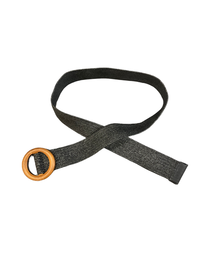 Ceinture noire élastique en jute avec boucle en bois pour femme.