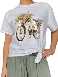 T-shirt blanc avec imprimé d'un vélo doré