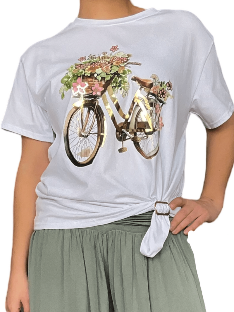 T-shirt blanc avec imprimé d'un vélo doré