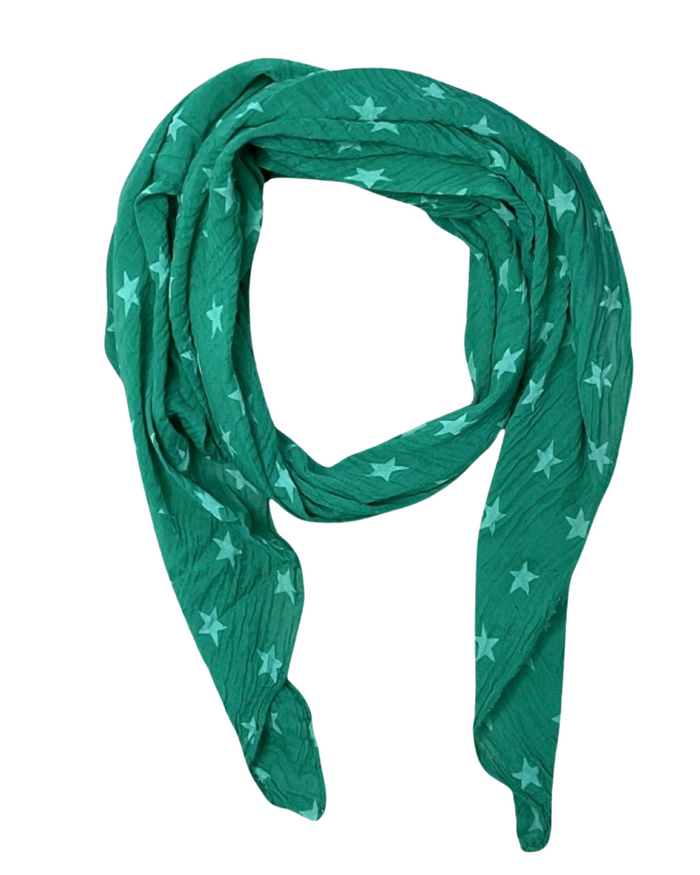 Foulard femme léger vert à motifs d'étoiles 20% soie.