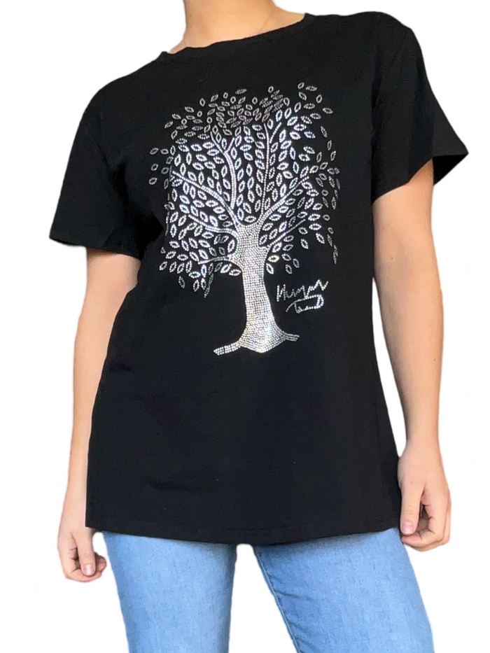 T-shirt noir avec un arbre argent brillant