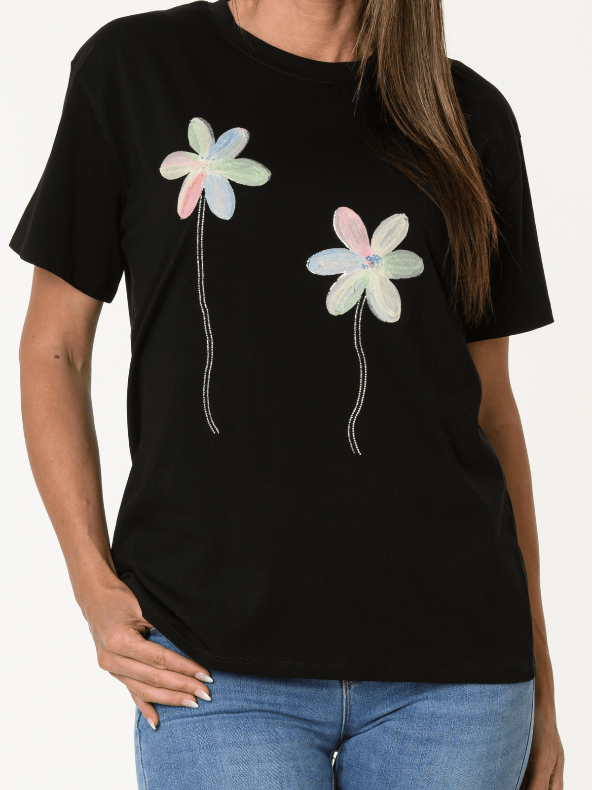 T-shirt noir avec imprimé de deux fleurs texturées